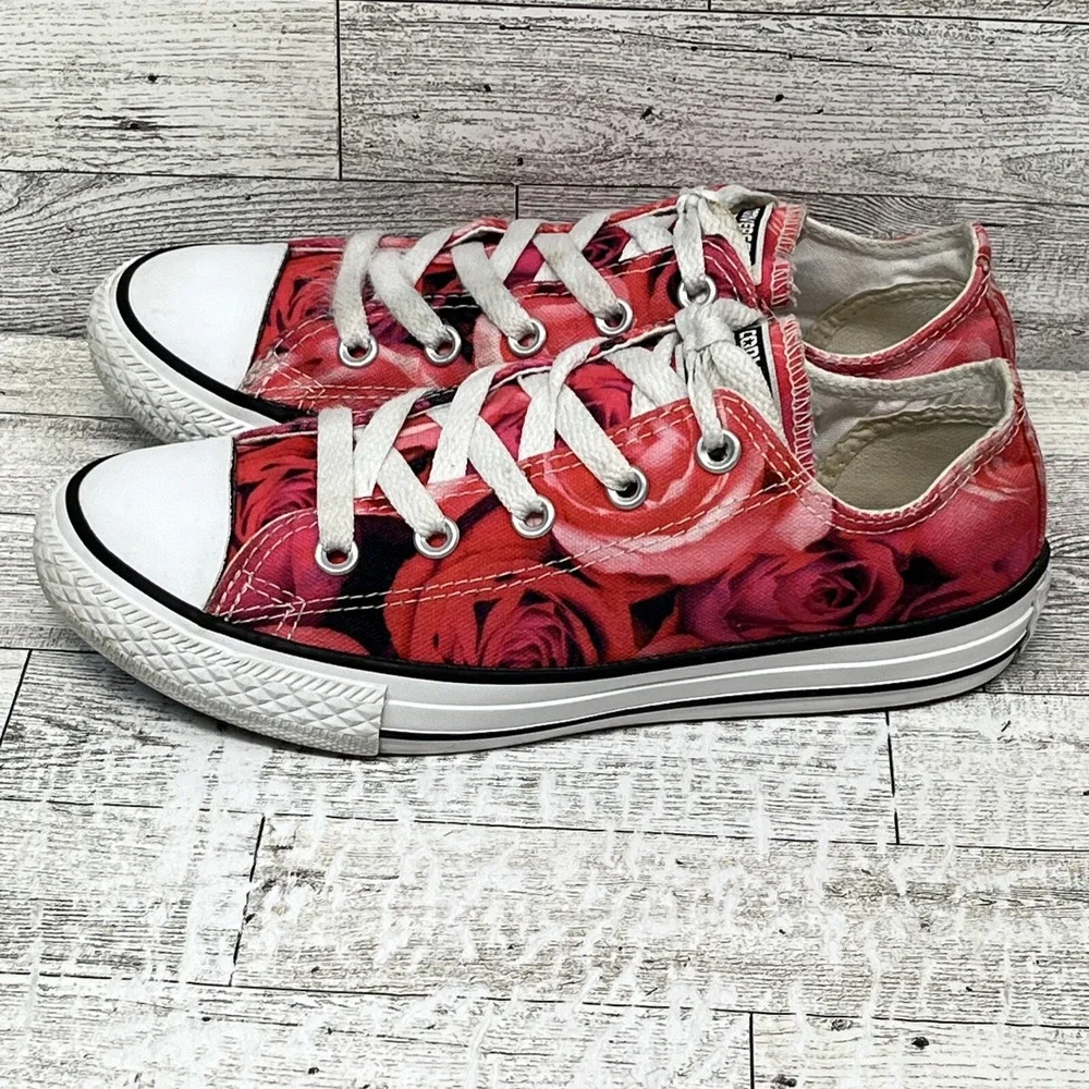 Converse All Star Youth Size 2 Roses‎ Pink White & Black Floral Canvas Lace Ups
